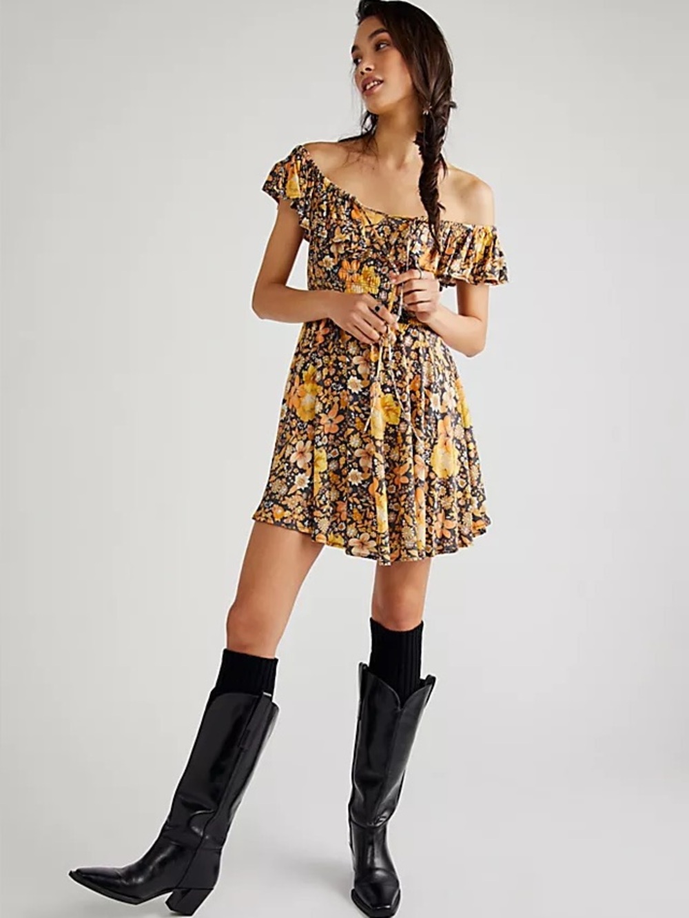 NWT Spell Hibiscusโ Lane Off-Shoulder Sun Dress Licorice Floral XS Boho Mini
